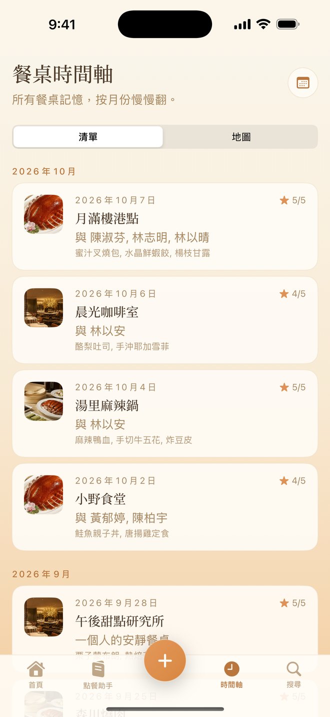 DineLog 餐桌時間軸:依月份排列的餐記與評分